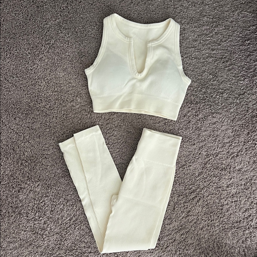 Cream Ribbed Crop Top and Leggings Set